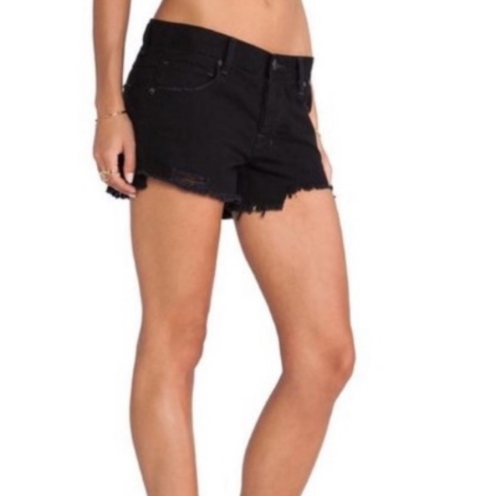 Free people shark bite distressed black denim button fly cutoff shorts size 24